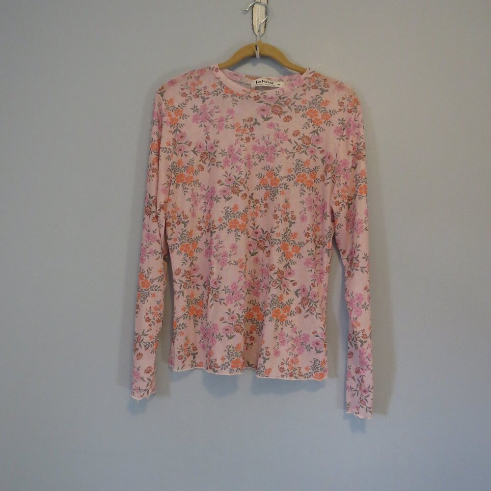 Three Bird Nest Pink Floral Print Mesh Semi Sheer Layering Long Sleeve Top Sz M